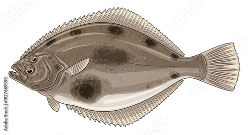 Flatfish Flounder Illustration - Marine Life, Seafood, Ocean Dweller