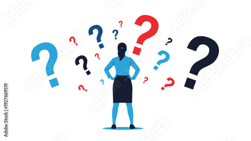 Woman standing with hands on her hips while surrounded by numerous question marks of various colors and sizes representing confusion or choice.