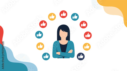 Confident businesswoman standing with her arms crossed surrounded by a circle of colorful thumbs up icons representing positive feedback and likes.