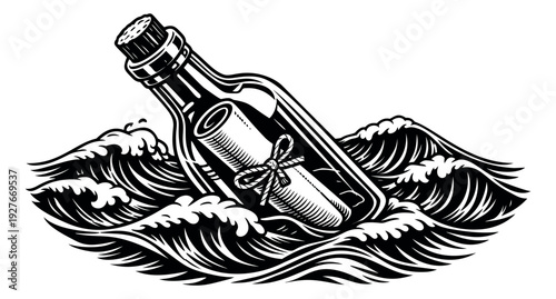 Vintage hand drawn illustration of a message in a bottle depicting it floating on ocean waves for adventure and communication themes