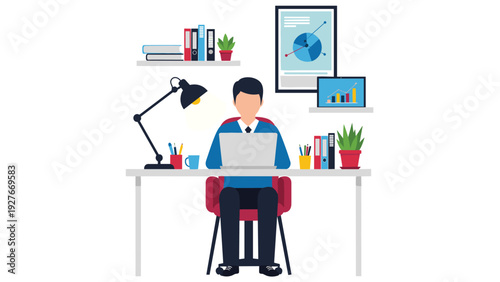 Productive man working at a tidy office desk equipped with a laptop monitor lamp books and plants in a professional business environment.