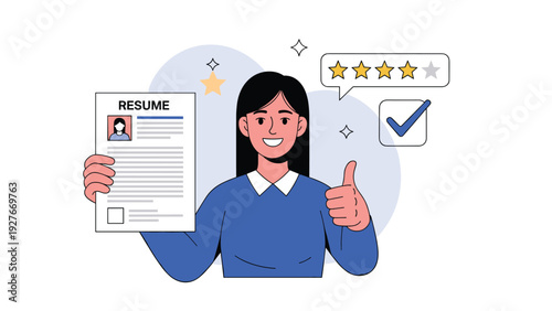 Happy female applicant holding her professional resume document while giving a thumbs up gesture for a successful job interview result.