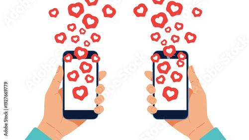 Hands holding two mobile phones with many red heart icons floating upwards to symbolize digital love social media likes and online affection.