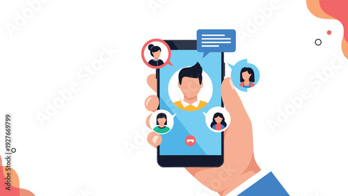 Hand holding a mobile phone displaying a main user profile surrounded by several smaller avatar bubbles for social media networking concepts.