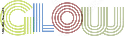 Retro word glow formed with multi-colored concentric and parallel lines on transparent checkered background