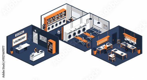 Isometric illustration of a modern office space with various workstations and meeting areas.