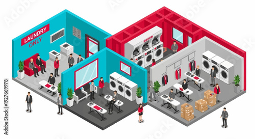 Isometric exhibition booths with various displays and attendees.