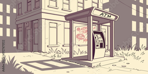 A vintage building with a large entrance and a person walking towards it. Vector