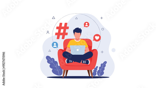 Young man sitting comfortably in a red armchair using his laptop while surrounded by various social media icons.