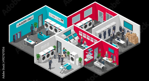 Isometric illustration of a modern office space with various rooms and people working.