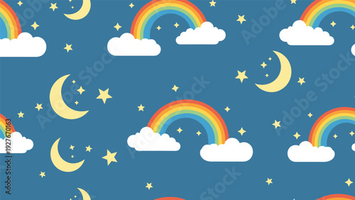 Playful seamless pattern design featuring colorful rainbows, fluffy white clouds, yellow crescent moons, and stars.