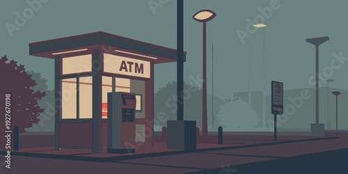 A vintage bus stop illuminated by street lights on a quiet road at dusk Vector