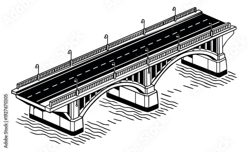 Isometric line art illustration of a bridge depicting a road with streetlights over water for urban infrastructure