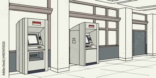 Three modern automated teller machines in a row at a bank. Vector