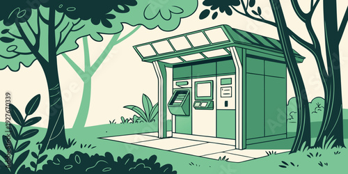 A serene wooden cabin nestled in a lush, green forest with sunlight filtering through the trees. Vector