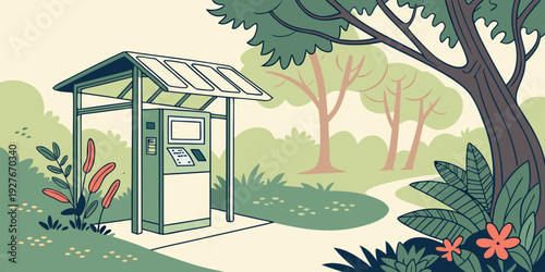 A serene garden scene with a traditional wooden pavilion surrounded by lush greenery. Vector