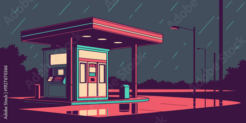 A futuristic gas station stands alone under a stormy, neon-lit sky. Vector