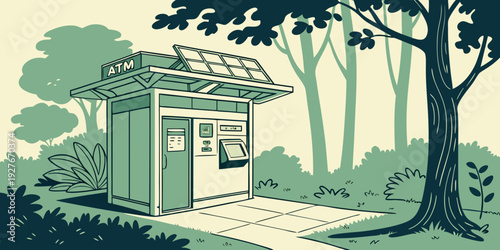 A serene and picturesque scene of a small house nestled in a lush, green forest with a winding path leading to it. Vector