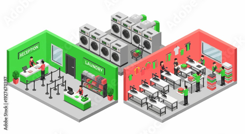 Isometric illustration of a modern office space with green and red zones.