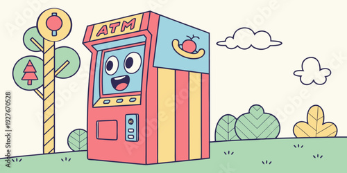 A whimsical cartoon scene featuring a smiling vending machine in a vibrant park setting. Vector