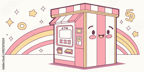 A whimsical scene with a pink vending machine dispensing colorful coins and a rainbow arching behind it. Vector