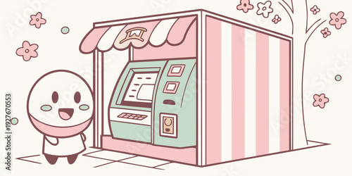 A cute cartoon character using a vintage-style pink and white atm machine. Vector