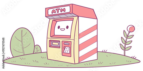 A whimsical illustration of a red and white striped atm machine on a grassy area Vector