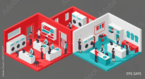 Isometric illustration of office spaces with people working at desks and computers.