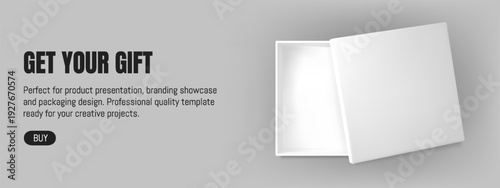 Top view open box. 3d white square gift package with lid. Blank cardboard present template for banner. Small carton product pack illustration. Bland sample concept. Mystery and secret makeup case.