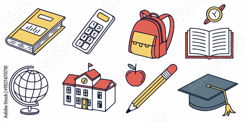 A vibrant illustration of various school supplies and educational tools. Vector