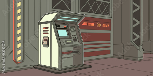 A futuristic cityscape with a large, glowing advertisement on a building facade. Vector