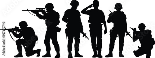 Silhouette collection of soldiers with rifles, military poses, saluting figures, tactical gear illustration, armed forces vector art design