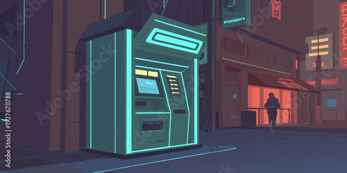 A futuristic public phone booth with a glowing green screen on a city street at night. Vector