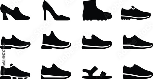 Shoe silhouettes illustration set, men women footwear icons collection, casual formal shoes boots sandals, black minimalist fashion vector design