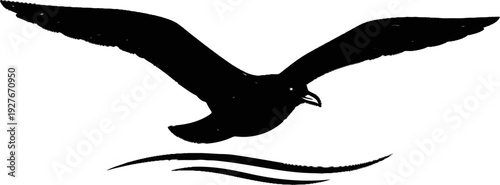 Silhouette of a seagull in flight above stylized waves