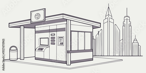 A quaint convenience store nestled between towering skyscrapers in a bustling city. Vector