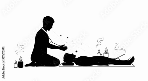 Silhouette of person kneeling, performing healing ritual with energy sparks over another person