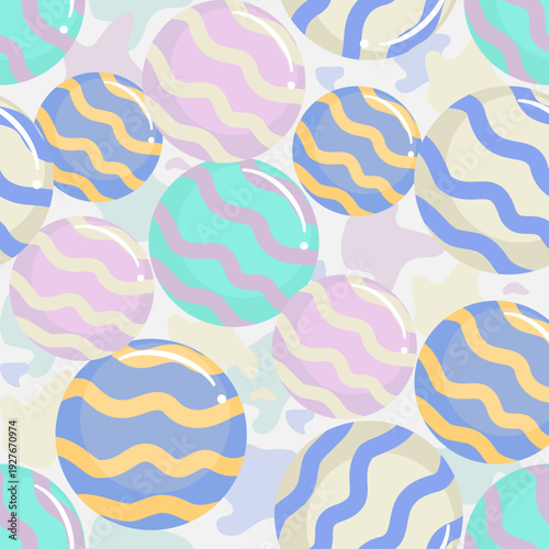 Seamless pastel pattern featuring abstract circles with soft wavy stripes in modern colors. Ideal for fabric, wallpaper, wrapping paper, packaging, and contemporary surface design.