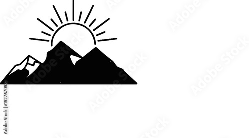 Simple black ink drawing of sun rising over mountain peaks