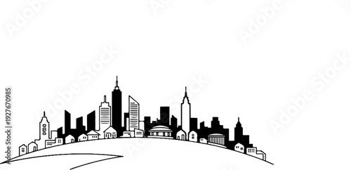 Simple black and white silhouette of a city skyline on a curved surface