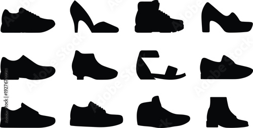 Footwear silhouettes illustration, shoes and boots icons set, men women fashion footwear collection, black minimalist shoe shapes isolated vector
