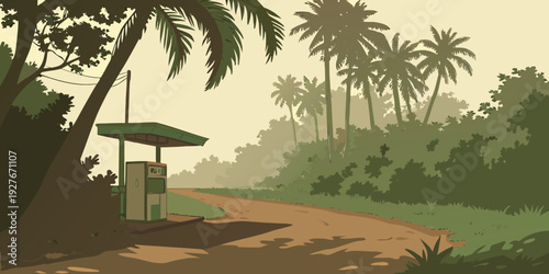 A serene tropical landscape with a small wooden hut surrounded by lush greenery Vector