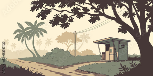 A tranquil village nestled in a lush valley with a winding river and distant mountains. Vector