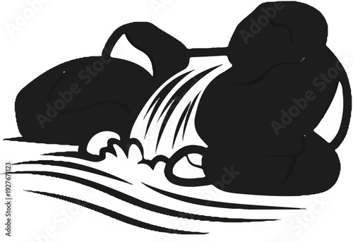 Stylized black rocks with white water cascading over them into wavy lines