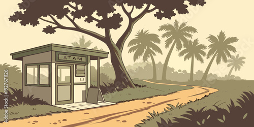 A serene countryside scene with a small house under a large tree Vector