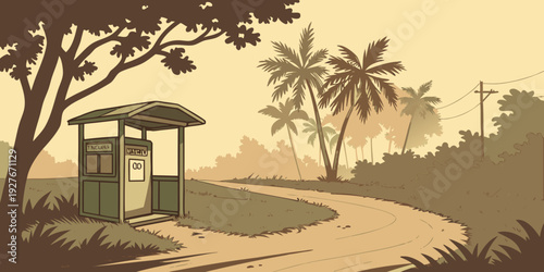 A serene tropical scene with a small hut and a winding path under a clear sky Vector