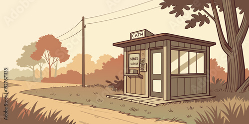 A serene bus stop nestled in a quiet rural landscape with a clear blue sky. Vector