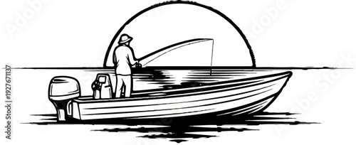 Stylized illustration of person fishing from boat under arching horizon