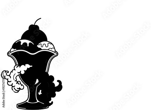 Stylized illustration of a sundae with multiple scoops of ice cream, a cherry, and decorative swirls