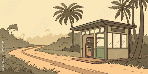 A serene tropical bus stop on a winding road surrounded by palm trees. Vector